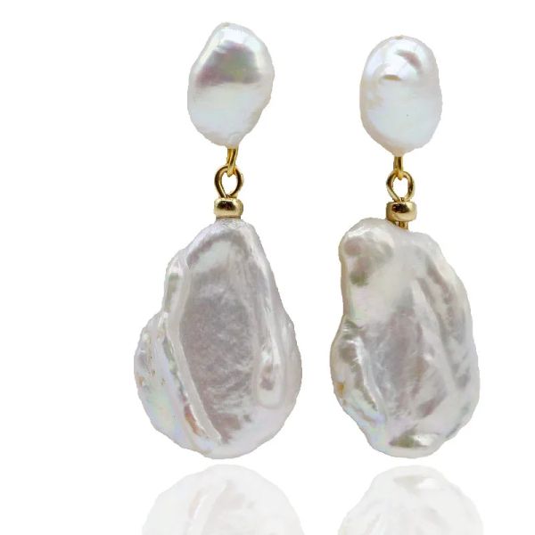 Ohrringe Mode Damen Ohrringe Weiße Natürliche Süßwasserperle Goldohrringe Barock Flache Münzen Kurze Ohrringe Perlenohrstecker