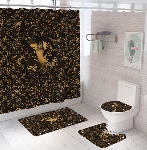 Cortina de chuveiro estampada estilo americano, tapete de chão, combinação de três peças, conjunto de tapete de banheiro à prova d'água e à prova de umidade, atacado