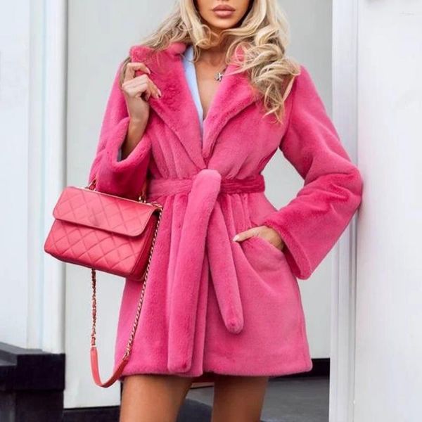 Frauen Pelz Herbst Winter Frauen Rose Rot Blazer Kragen Faux Mantel Mit Gürtel Damen Mid Lange Plüsch Gürtel Weibliche flauschige Jacke