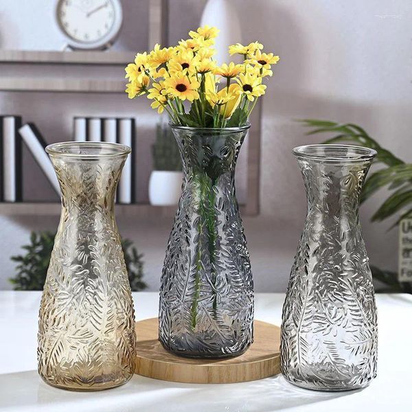 Vasos modernos simples vaso de vidro transparente retro garrafas em relevo ornamentos arranjo de flores recipientes casa arte artesanato decorações