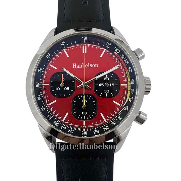 Cronógrafo relógio masculino topo vintage corrida dial quartzo miyota movimento rosto vermelho pulseira de couro preto designer 46mm masculino relógio de pulso 5273b