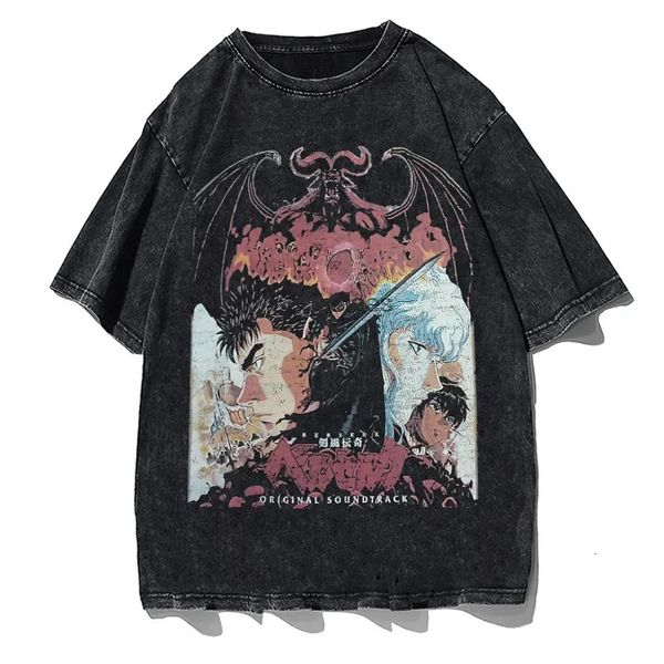 Denim Schwarz Anime Vintage Wash Unisex T-Shirt Octopus Männer Harajuku Gothic Punk T-Shirt Japanischer Stil Hip-Hop Streetwear 8XL 240126