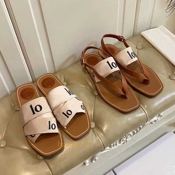 Woody Designer Terlik Sandalet Katırları Slayt Bej Beyaz Siyah Mektup Tuval Kadınlar Yaz Plajı Düz ​​Flip Flip Flops Tatil Sürgüleri