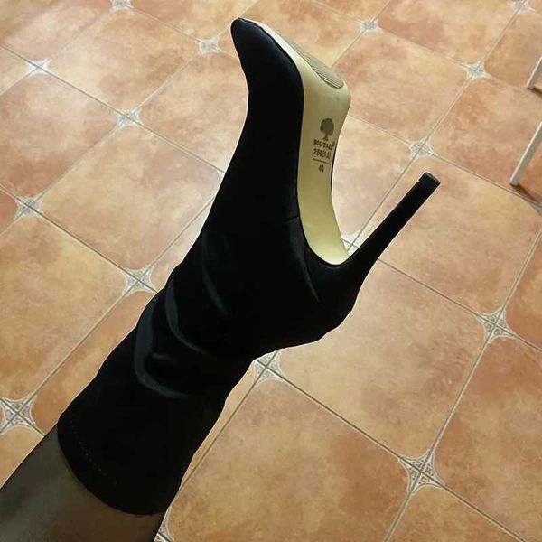 Botas femininas 7.5cm 10cm salto alto meias de seda botas verdes de salto baixo curto tornozelo botas senhora stripper inverno apontou toe cetim sapatos sexy