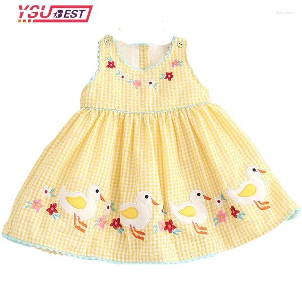 Платья для девочек, летнее милое праздничное платье с вышивкой для девочек от 0 до 6 лет, желтая клетчатая одежда принцессы для малышей