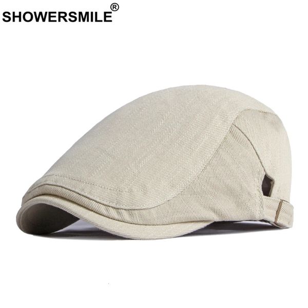 SHOWERSMILE Baumwolle Herren Baskenmütze im britischen Stil Sboy Solid Beige Schwarz Navy Khaki Frühling Sommer Schiebermütze verstellbar 5560 cm 240126