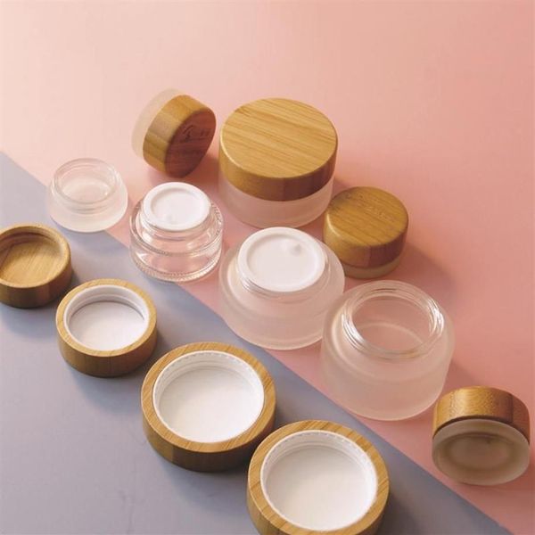 105 pezzi 50g intaglio barattolo di crema in vetro smerigliato coperchio in legno ecologico tappo di bambù contenitore per imballaggio cosmetico maschera per la cura della pelle stoccaggio B273P