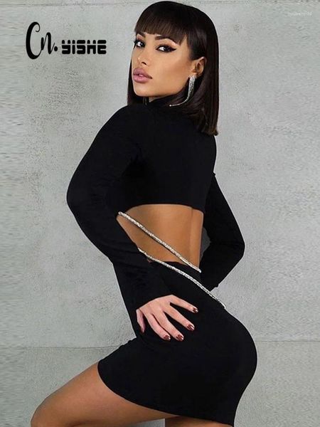 Abiti casual Cnyishe Abito da bodycon senza retro senza schienale Donne a maniche lunghe Turtleneck Regualr Black Sexy Mini femminile abiti da streetwear