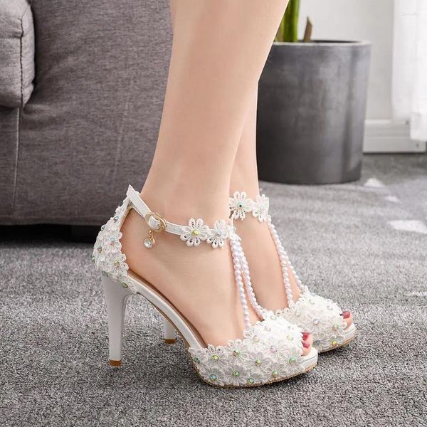 Sandálias femininas sapatos de casamento de renda branca flores pérola borla 10cm salto alto bombas de noiva finas
