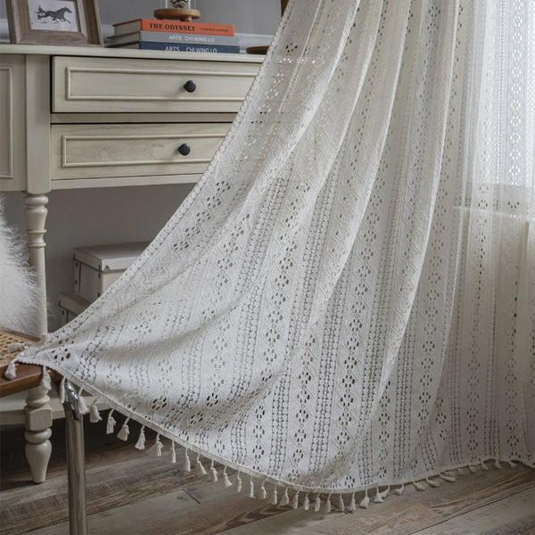 Cortina de crochê translúcida - design oco country americano perfeito para sala de estar, quarto, janelas salientes e varandas