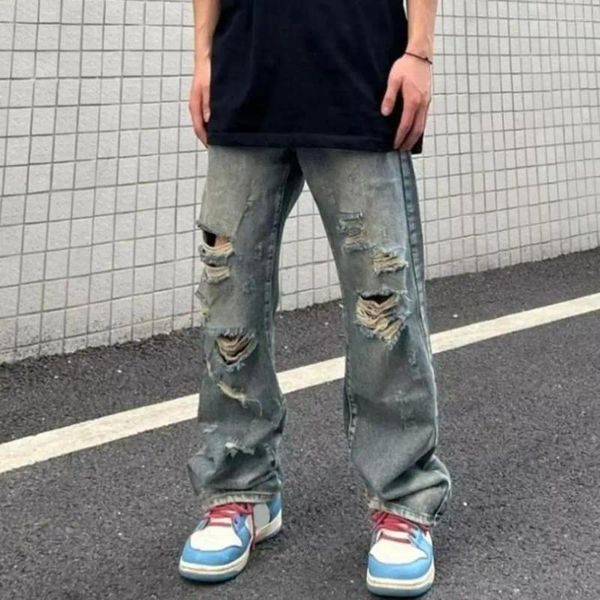 Herren-Jeans, Hip-Hop-Hose, Streetwear, zerrissenes Loch, weites Bein mit mehreren Taschen, Used-Look-Details für lässigen Urban-Stil