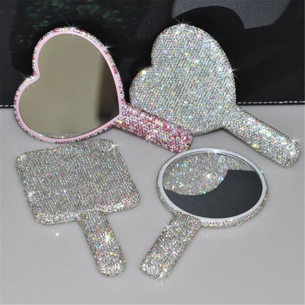 Роскошное ручное зеркало с бриллиантами Love Heart Mirror Женская ручка для макияжа Косметические инструменты для красоты Ручное косметическое зеркало для макияжа для девочек 240131