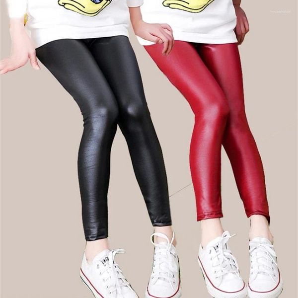 Hosen Frühling/Herbst Kinder Mädchen Casual Feste Wilde Leggings Faux Pu Leder Mode Dünne Hosen Für 3-12Y Kinder Kleidung