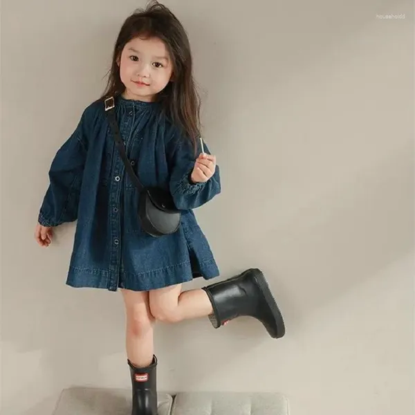 Abiti per ragazze Abbigliamento per bambini Abito in denim per ragazze Colletto rialzato Cotone lavato monopetto 2024 Primavera e autunno alla moda