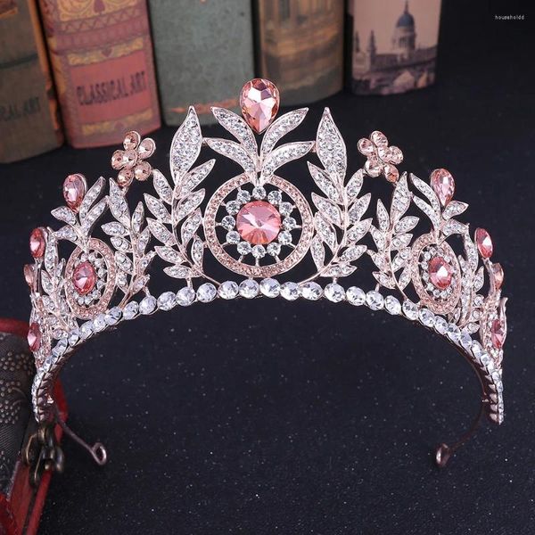 Haarspangen KMVEXO Barock Blatt Rose Rosa Kristall Prinzessin Brautkronen Für Frauen Blumen Edle Große Tiaras Hochzeit Schmuck Zubehör