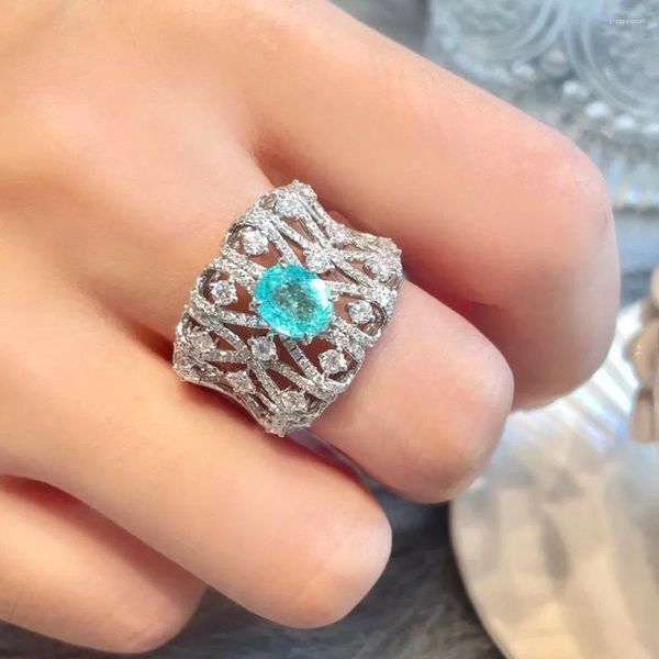 Cluster-Ringe aus echtem massivem Silber, für Hochzeit, Cocktail, Verlobung, für Frauen, 925er, reiner 2 Karat, ovaler, himmelblauer Saphir-Edelstein-Ring-Schmuck