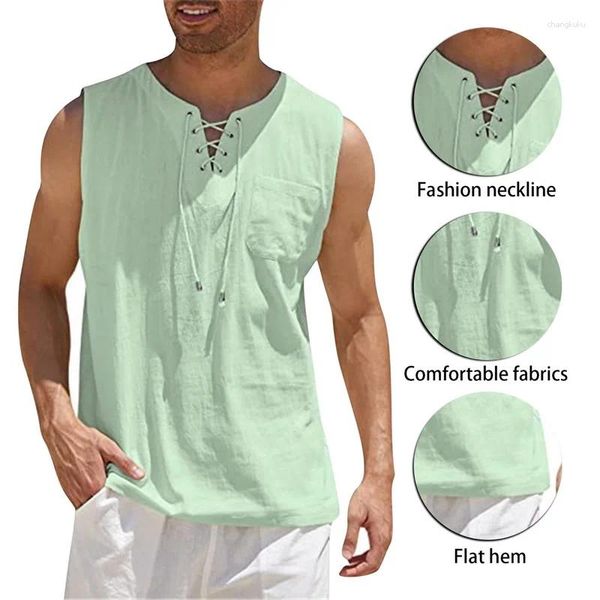 Regatas masculinas 2024 verão linho vendendo camisa superior rendas até moda cor sólida casual algodão linho manga curta camiseta