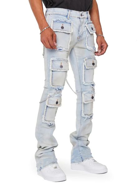 Ağır Endüstri Çoklu Cepler Tasarımı Denim kargo pantolonları Erkek Sokak Giyim Erkekler Giyim Y2K Estetik Elastik İnce Fit kot pantolon 240131