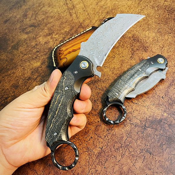 Preço Quente Faca dobrável karambit c7147 vg10, lâmina de aço damasco, cabo completo g10, facas pasta com bainha de couro