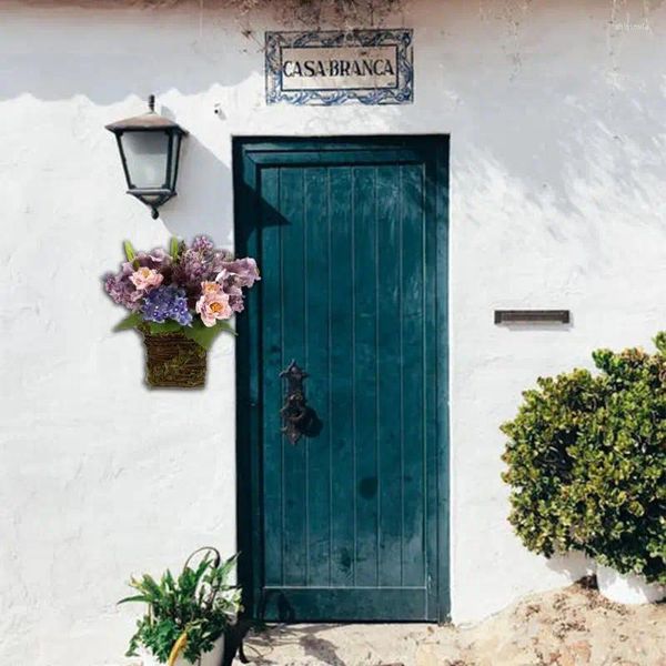 Flores decorativas cesta de flores de lavanda cestas artificiais montadas na parede grinalda única decoração de jardim simulação realista