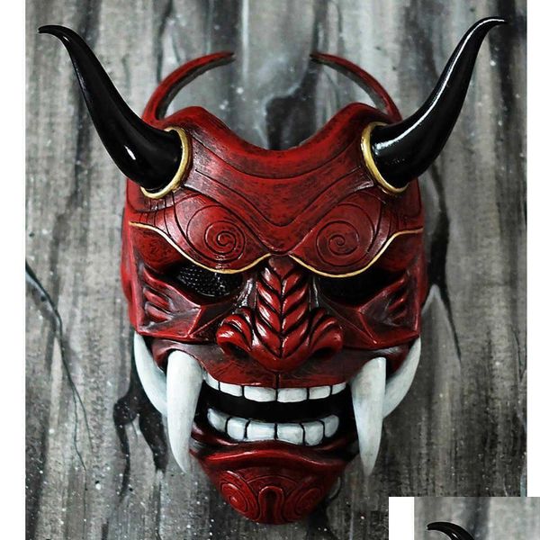 Máscaras de festa Samurai Máscara Vermelho Prajna Cospiay Noh Japonês Látex Grie Fangs Engraçado Assustador Fantasma Deus Feiticeiro Halloween Masquerade X0803 Dr Dhhva