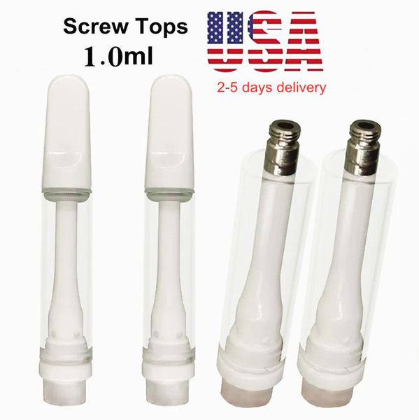 Cartucce Vape da 1 ml Carrelli in ceramica pieni da 510 fili Vuoti Atomizzatori STOCK USA 4 pezzi Foro di aspirazione Bobina in ceramica Serbatoio in vetro Vuoto in schiuma Imballaggio Tappi a vite 800 pezzi / custodia