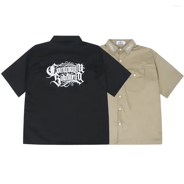 Camisas casuais masculinas americanas carta de rua bordado camisa de manga curta verão hiphop tatuagem lapela meia manga chicano top roupas