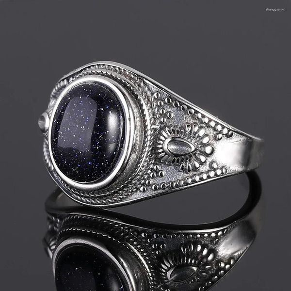 Cluster Ringe S925 Sterling Silber Ring Retro Oval Für Frauen Natürliche Blaue Sandstein 8x10mm Feine Schmuck Großhandel party Hochzeit Geschenk