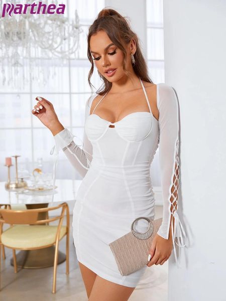 Casual Kleider Parthea Sexy Frauen Mini Kleid Langarm Ausschnitt Bügel Pads Futter Elastische Halter Mesh Fashion Club Vestidos