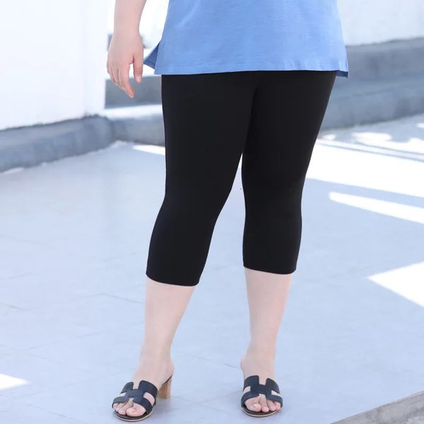 Plus-Size-Caprihose für Damen, schwarze weiße Leggings, lässige Sommer-Boho-Hose mit hoher Taille, Trainingskleidung, elastische Taille, Yoga-Hose 240126