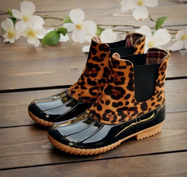 Stivali da pioggia alla caviglia per donna Stivali invernali da donna leopardati Stivali da pioggia impermeabili Scarpe invernali da donna Stivali con galosce da donna con tacco quadrato 240125