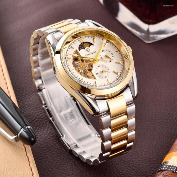 Relógios de pulso Chenxi Moda Luxo Relógio de Ouro Homens Tourbillon Relógios Fase da Lua Esqueleto Automático Mecânico Montre Homme
