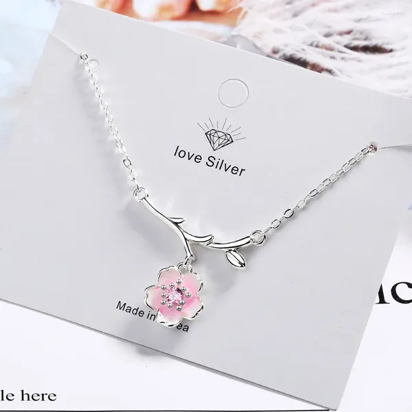Pingentes romântico 925 prata esterlina rosa flor de cerejeira colares para mulheres zircão sakura flor curta clavícula corrente gargantilha jóias