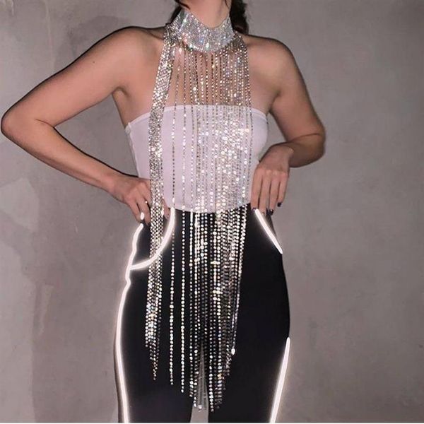 Accessori per costumi Bling Diamante Nappa in metallo Catena per il corpo Girocollo regolabile See Through Hollow Out Cover Up Top Party Night Club 213L