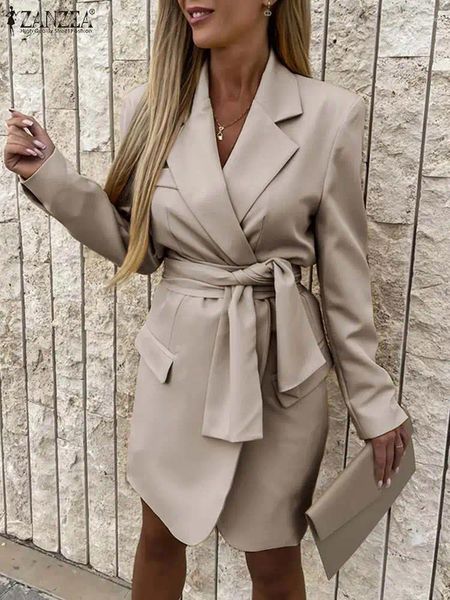 Casual Dresses ZANZEA Mode Blazer Kleid Frauen Formale Anzug Kragen Langarm Kurzarm Vestidos Büro Dame Gürtel Mini