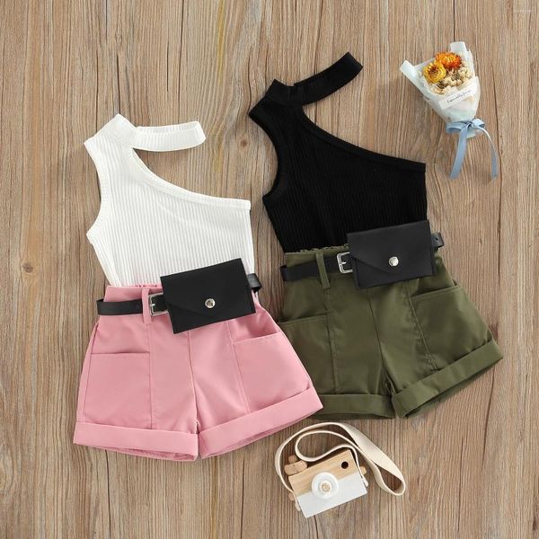 Conjuntos de roupas de verão para crianças, bebês, meninas, ombro único, regata, shorts, bolsa de cintura, criança, casual, algodão, 2 peças, roupas