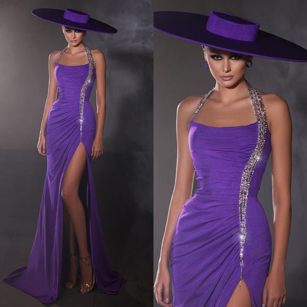 Фиолетовые вечерние платья русалки, элегантные стразы, складки на шее, платье для выпускного вечера, длинные платья с разрезом для особых случаев, вечерние платья