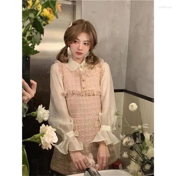 Arbeitskleider Zweiteiliges Set Koreanischer süßer Tweed ärmelloses Quasten-Minikleid Chiffon Langarm Tops Anzug 2 Sets 2024 Sommer