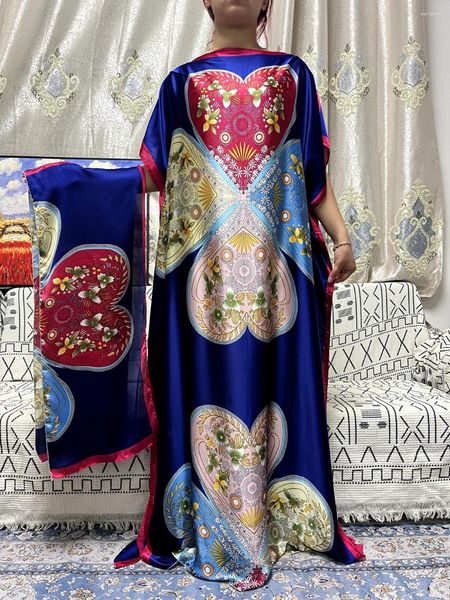 Roupas étnicas Abayas para Mulheres 2024 Moda Impresso Cetim de Seda Solto Femme Robe Africano Nigéria Suave Festa Vestidos de Noite com Cinto