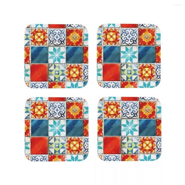 Tapetes de mesa coloridos azulejos, azulejos de jogo de tabuleiro azul, conjunto de café com 4 jogos americanos, copo, acessórios de decoração, almofadas