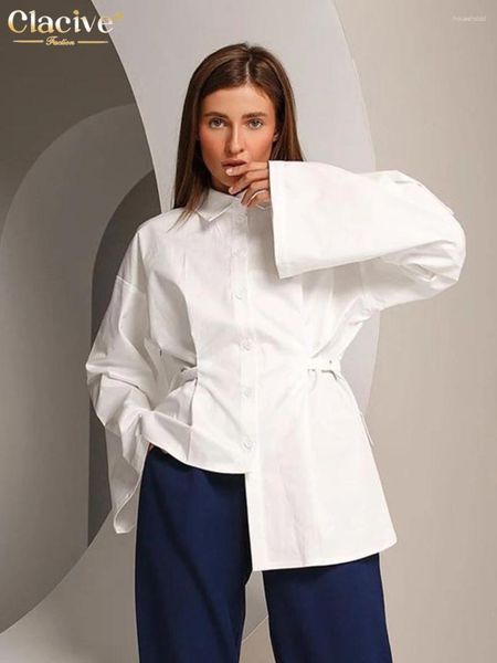 Kadınlar bluzlar Clacive Moda Şık Beyaz Kadın 2024 Sıradan Yakası Uzun Kollu Gömlek ve Zarif Dantel Ofis Üstleri Kadın