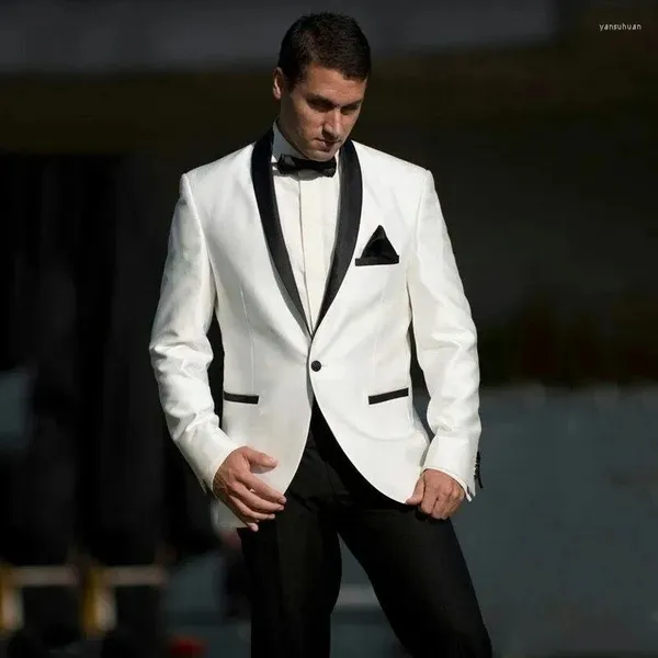 Ternos masculinos de casamento para homens, 2 peças, blazer branco, calças pretas, xale, lapela, casaco único, com um botão, lindo traje slim