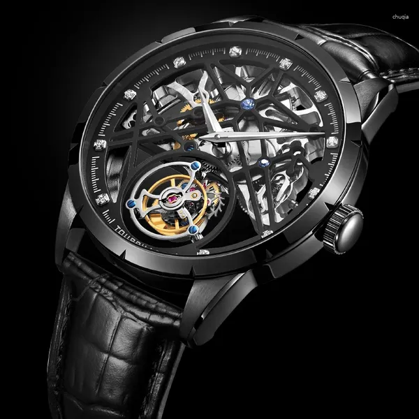 Relógios de pulso de luxo masculino esqueleto tourbillon relógio original safira manual movimento movimento masculino relógio mecânico luminoso