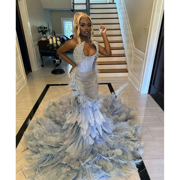 Luxus Blau Meerjungfrau Prom Kleid 2024 Elegante Ärmellose Kristall Quaste Feder Saum Abschlussfeier Kleider Vestidos De Gala