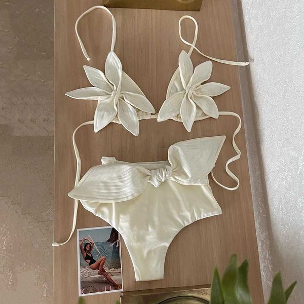 Damenbadebekleidung Sexy weiße Blumenspitze Bikinis Frauen Badeanzug V-Ausschnitt Hoch taillierter zweiteiliger Badeanzug Beachwear Bowkont Biquini Female Swim J240131