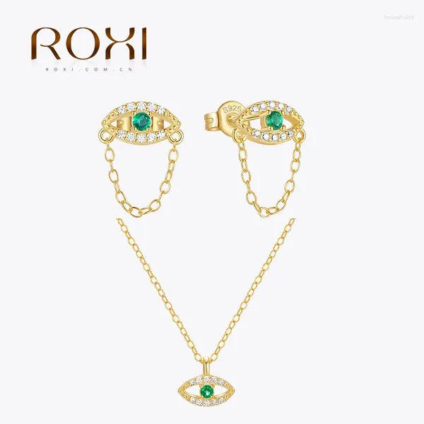 Ciondoli ROXI Set di gioielli in stile malocchio in argento sterling 925 Set di orecchini con nappa a catena verde con zirconi verdi Moda di compleanno