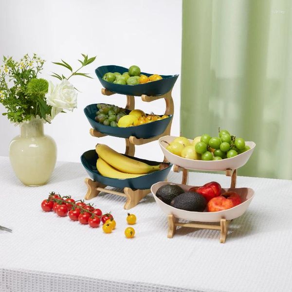 Teller Candy Dish 2/3 Ebenen Kunststoff Obstteller mit Holz Halter Snack kreative moderne getrocknete Korb Wohnzimmer Zuhause