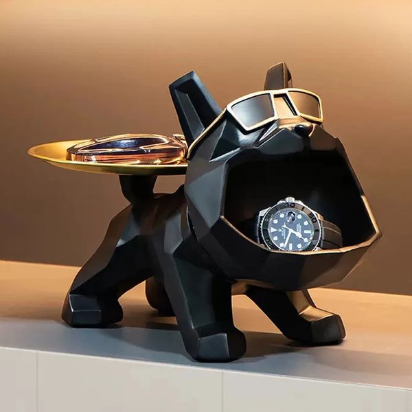 Harz Cool Bulldog Crafts Hundebutler mit Tablett für Schlüsselhalter Aufbewahrung Schmuck Tierzimmer Heimdekoration Statue Hundeskulptur 240127