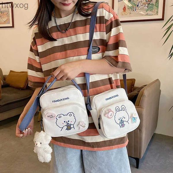 Handytaschen, kleine Damen-Schultertaschen aus Segeltuch, koreanischer Cartoon-Druck, modisch, Bär, Kaninchen, Mini-Handtaschen aus Stoff, Handy-Umhängetasche für süßes Mädchen YQ240131