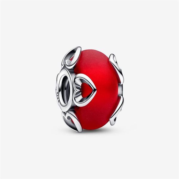 Ciondoli in argento sterling 925 con cuori in vetro di Murano rosso smerigliato Ciondoli adatti al braccialetto europeo originale con ciondoli Moda Donna Matrimonio Eng282A